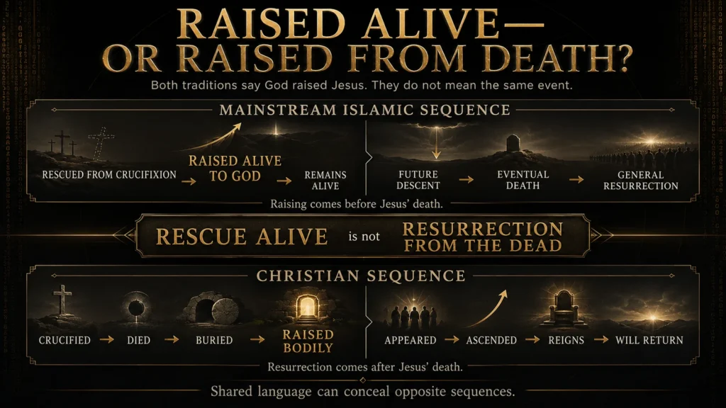 Infographic comparing the mainstream Islamic sequence of Jesus being raised alive with the Christian sequence of His death and bodily resurrection.