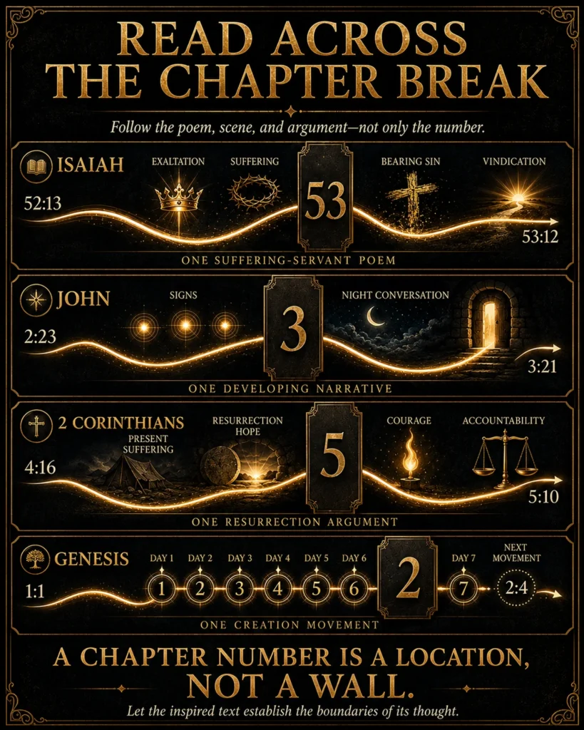 Infographic showing continuous biblical passages crossing chapter breaks in Isaiah, John, 2 Corinthians, and Genesis.