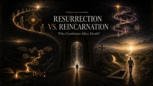 Four visual paths compare Hindu reincarnation, Buddhist rebirth, New Age past lives, and Christian bodily resurrection beyond death.