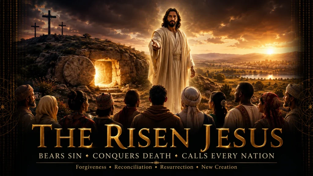 The risen Jesus stands beside the empty tomb before people from many nations, with the cross behind Him and renewed creation on the horizon.