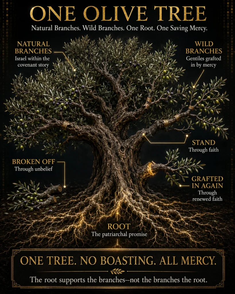 Romans 11 olive-tree infographic showing the patriarchal root, natural Jewish branches, Gentiles grafted in by mercy, branches broken through unbelief, and restored through renewed faith.