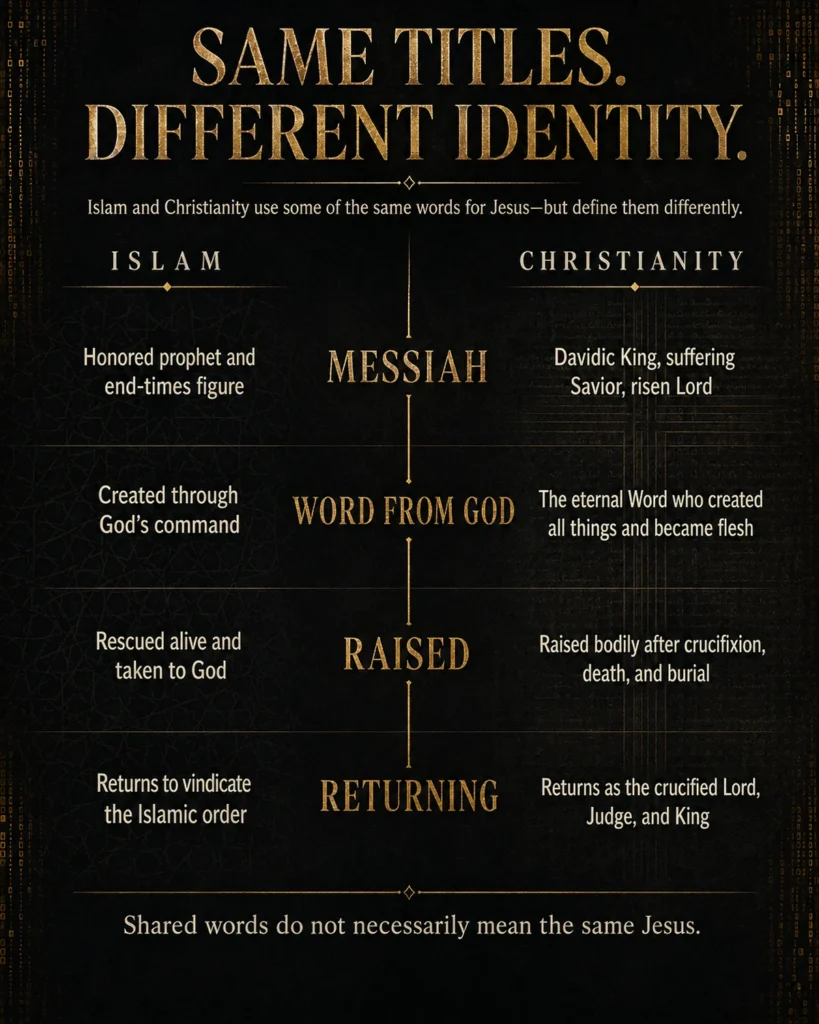 Infographic comparing Islamic and Christian meanings of Messiah, Word from God, raised, and returning when describing Jesus.