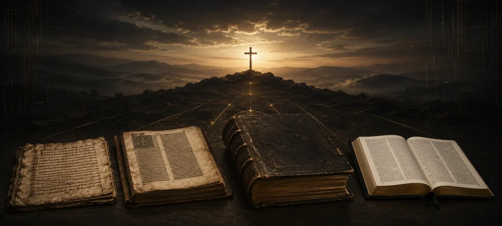 Historical manuscript, early printed Bible, 1611-style folio, and modern Bible converging visually toward a cross at dawn.
