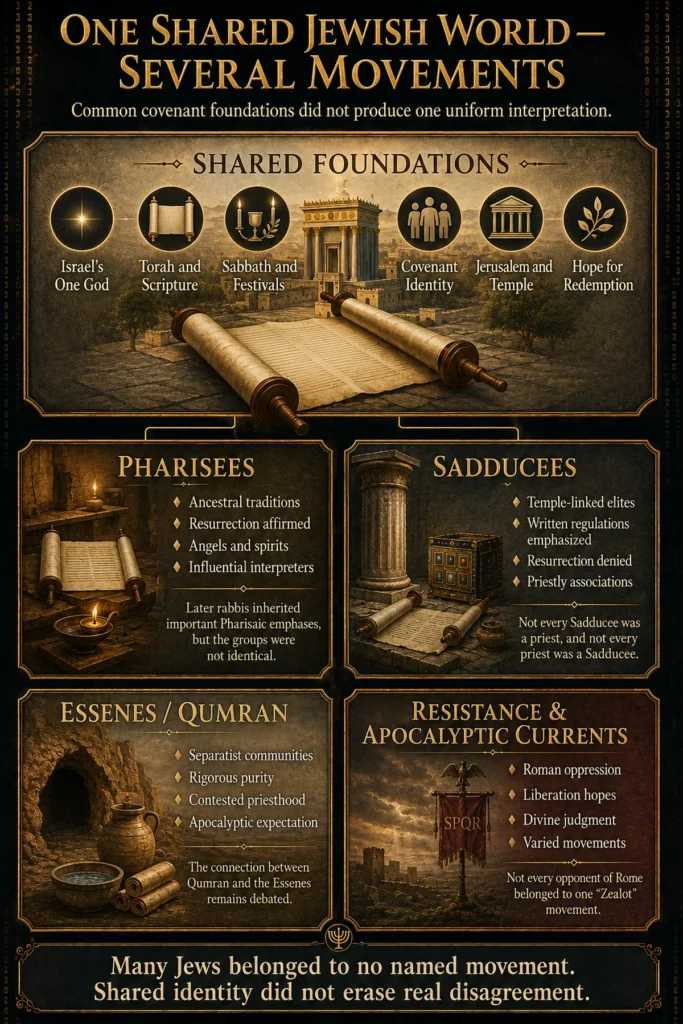 Infographic comparing the shared Jewish foundations and distinct beliefs of the Pharisees, Sadducees, Essenes or Qumran, and resistance and apocalyptic movements.