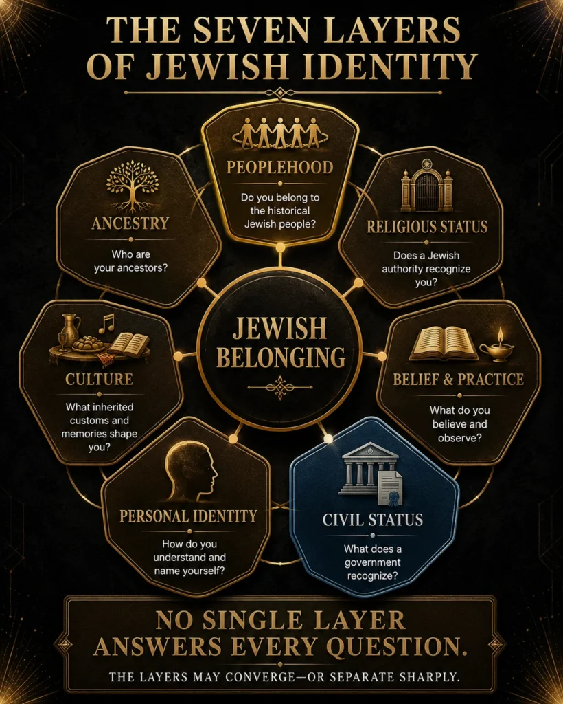 Infographic showing seven overlapping layers of Jewish identity: ancestry, religious status, belief and practice, peoplehood, culture, civil status, and personal identity.