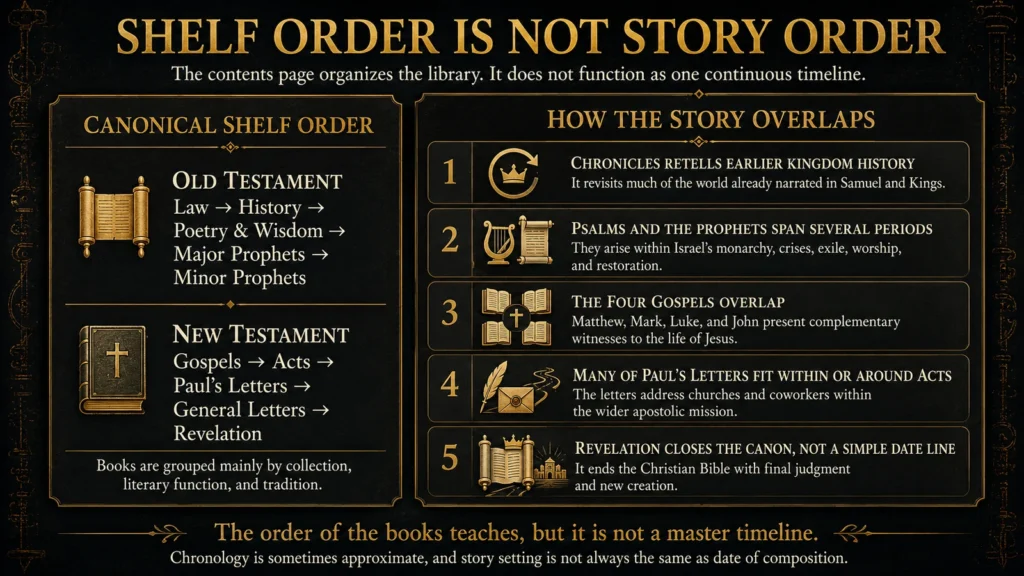 Infographic comparing the Bible’s canonical shelf order with examples of books that overlap or revisit earlier historical periods.