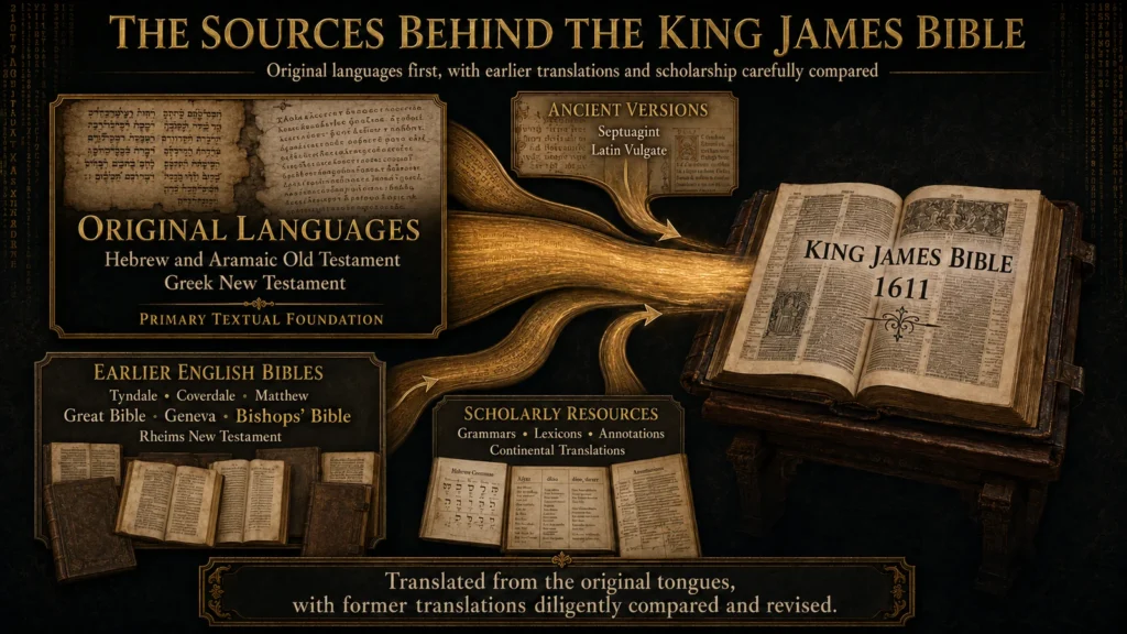 Infographic showing Hebrew, Aramaic, and Greek Scripture as the primary foundation of the King James Bible, supported by ancient versions, earlier English Bibles, and scholarly resources.