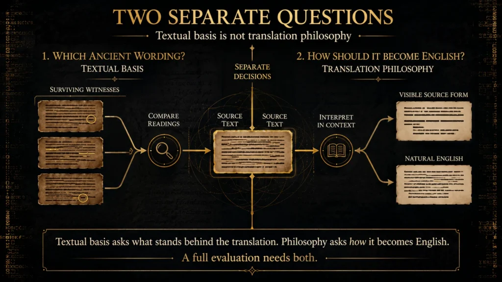 Infographic showing that textual basis compares surviving manuscript witnesses to establish a source text, while translation philosophy determines how that text becomes natural English or preserves visible source form.