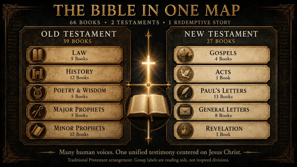 Infographic showing the Bible’s 66 books organized into the Old Testament and New Testament with ten traditional book groups centered on Jesus Christ.