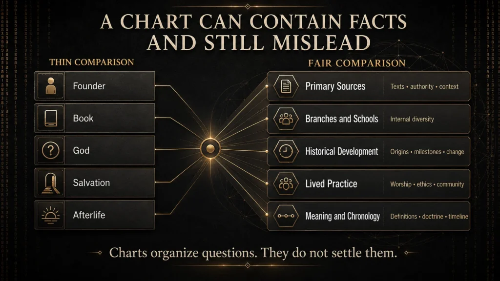 Infographic showing five thin religious-comparison categories expanding through primary sources, internal diversity, historical development, lived practice, meaning, and chronology.
