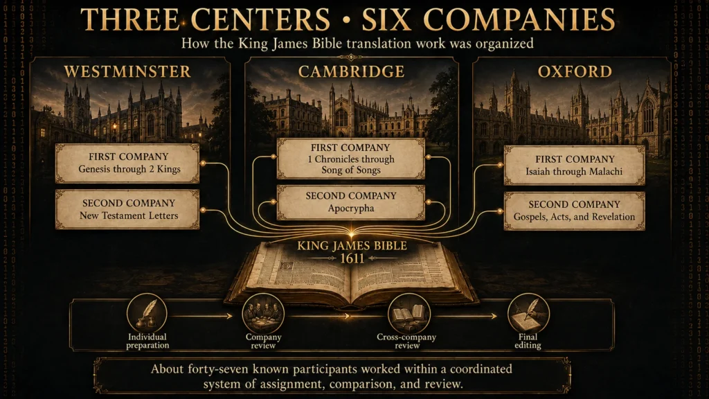 Infographic showing the six King James Bible translation companies at Westminster, Cambridge, and Oxford and their assigned biblical sections.