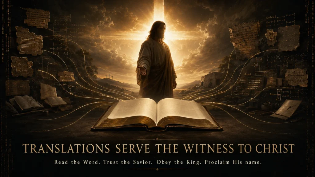 Jesus Christ standing beyond an open Bible as manuscript and translation pathways converge toward Him beneath cross-shaped golden light.
