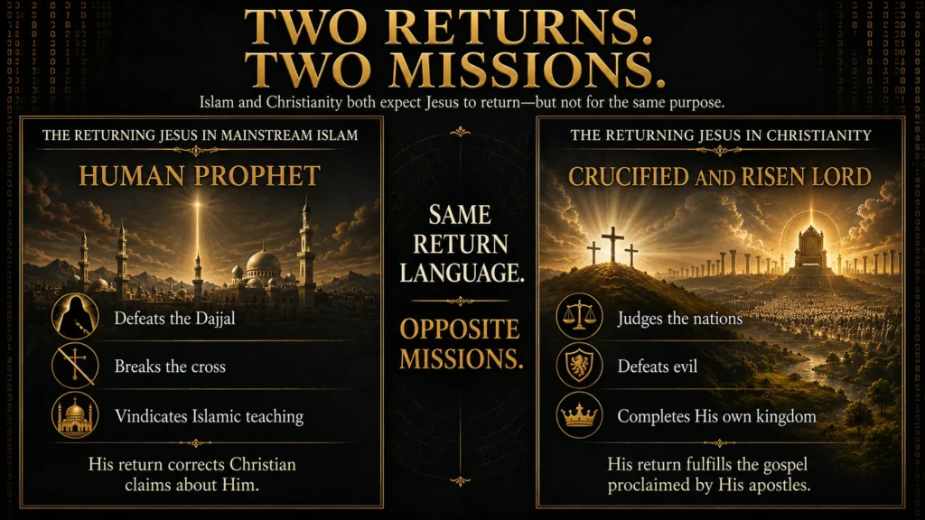 Infographic comparing the returning Jesus in mainstream Islam with the crucified and risen Lord expected in Christianity.