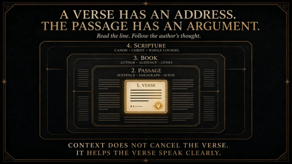 Nested infographic showing a Bible verse within its passage, book, and the larger context of Scripture.