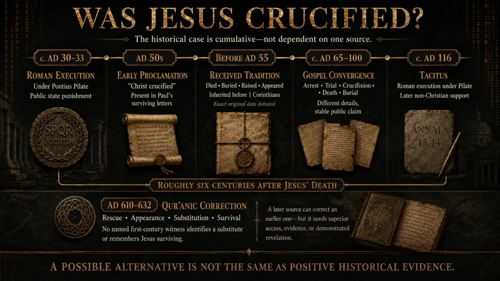 Timeline comparing first-century evidence for Jesus’ crucifixion with the later Qur’anic correction from AD 610–632.