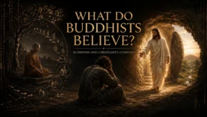 A Buddhist monk meditates beside imagery of samsara while the risen Jesus reaches toward a suffering man, illustrating Buddhism and Christianity compared.