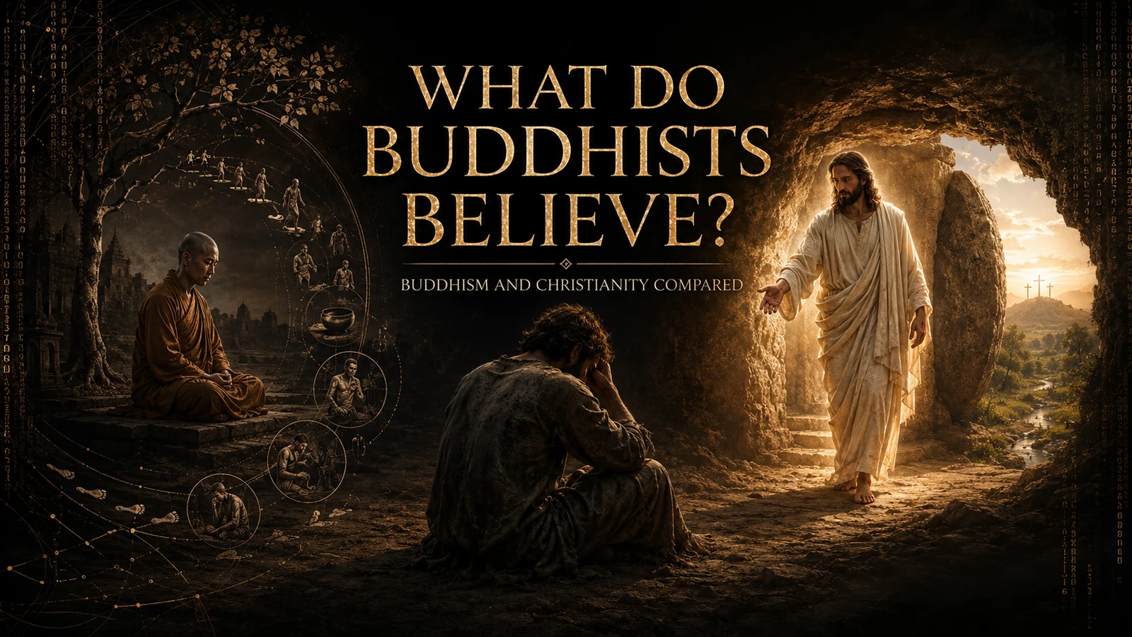 A Buddhist monk meditates beside imagery of samsara while the risen Jesus reaches toward a suffering man, illustrating Buddhism and Christianity compared.