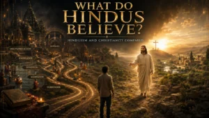 A seeker stands between Hindu paths of action, knowledge, devotion, meditation, and surrender as Jesus approaches from the direction of the cross and renewed creation.