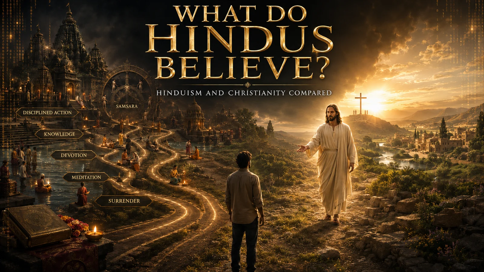 A seeker stands between Hindu paths of action, knowledge, devotion, meditation, and surrender as Jesus approaches from the direction of the cross and renewed creation.
