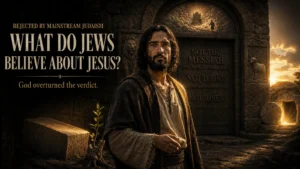 Jesus stands outside a closed gate marked not the Messiah, not divine, and not risen, while an empty tomb and Old Testament symbols point to His resurrection and messianic fulfillment.