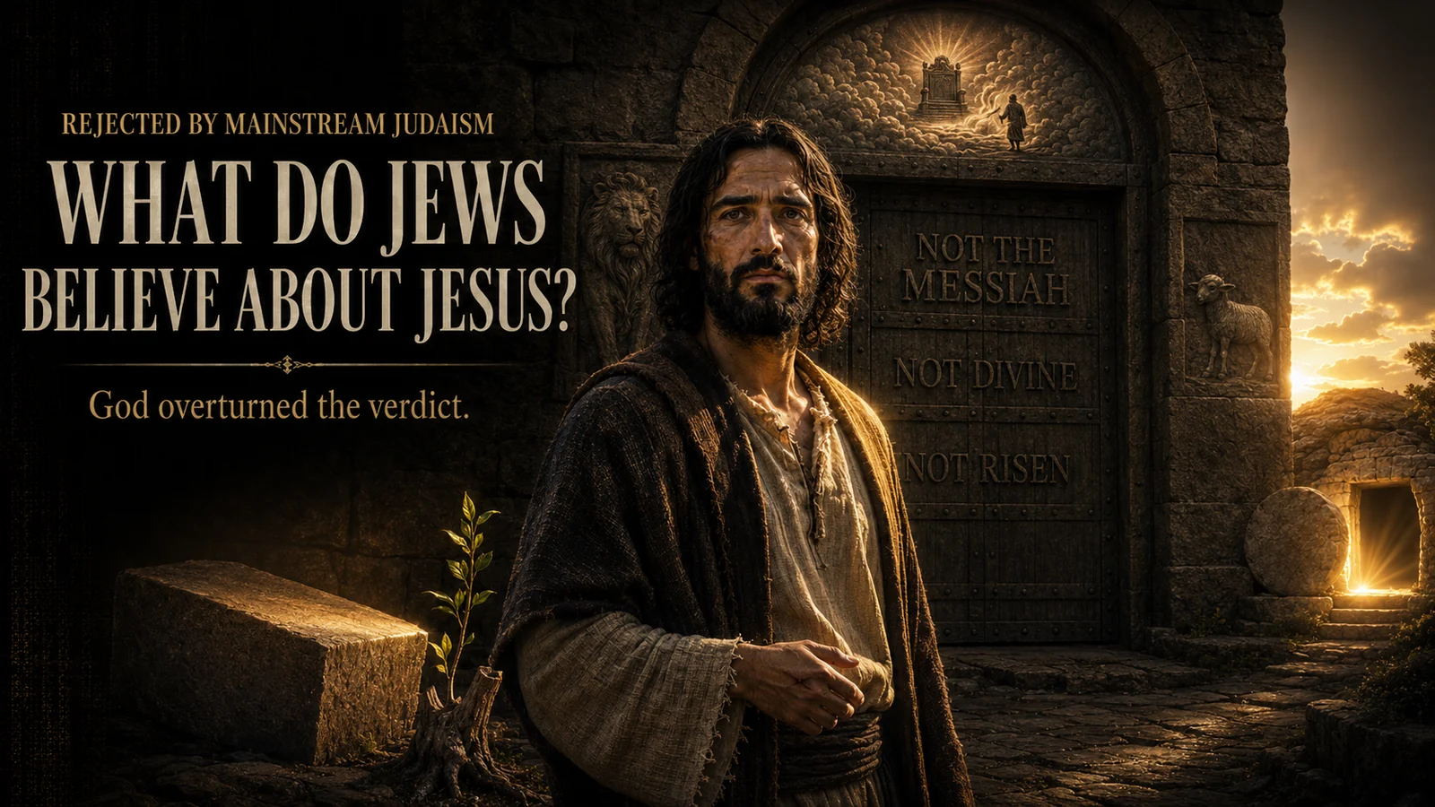 Jesus stands outside a closed gate marked not the Messiah, not divine, and not risen, while an empty tomb and Old Testament symbols point to His resurrection and messianic fulfillment.