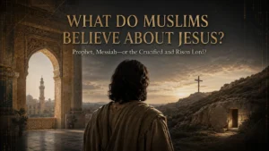 Jesus stands between Islamic architecture and a cross and empty tomb, illustrating Muslim and Christian beliefs about Jesus.