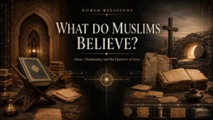 Islamic and early Christian source traditions converging on the question of Jesus, with a Quranic codex, cross, manuscripts, and empty tomb.