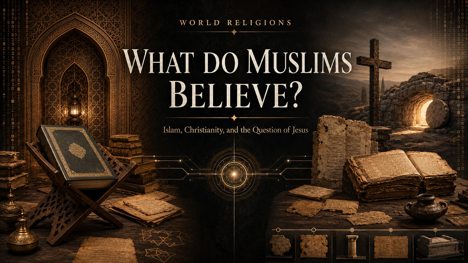 Islamic and early Christian source traditions converging on the question of Jesus, with a Quranic codex, cross, manuscripts, and empty tomb.