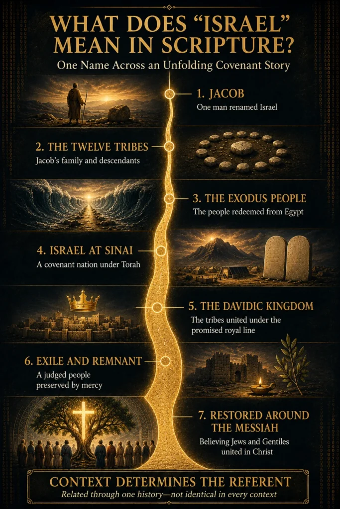 Infographic showing seven biblical meanings of Israel from Jacob and the twelve tribes through the Exodus, Sinai, Davidic kingdom, remnant, and restoration around Jesus the Messiah.