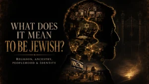 Shadowed profile of a Jewish man layered with family ancestry, rabbinic study, worldwide Jewish communities, Jerusalem, and the Israeli flag.