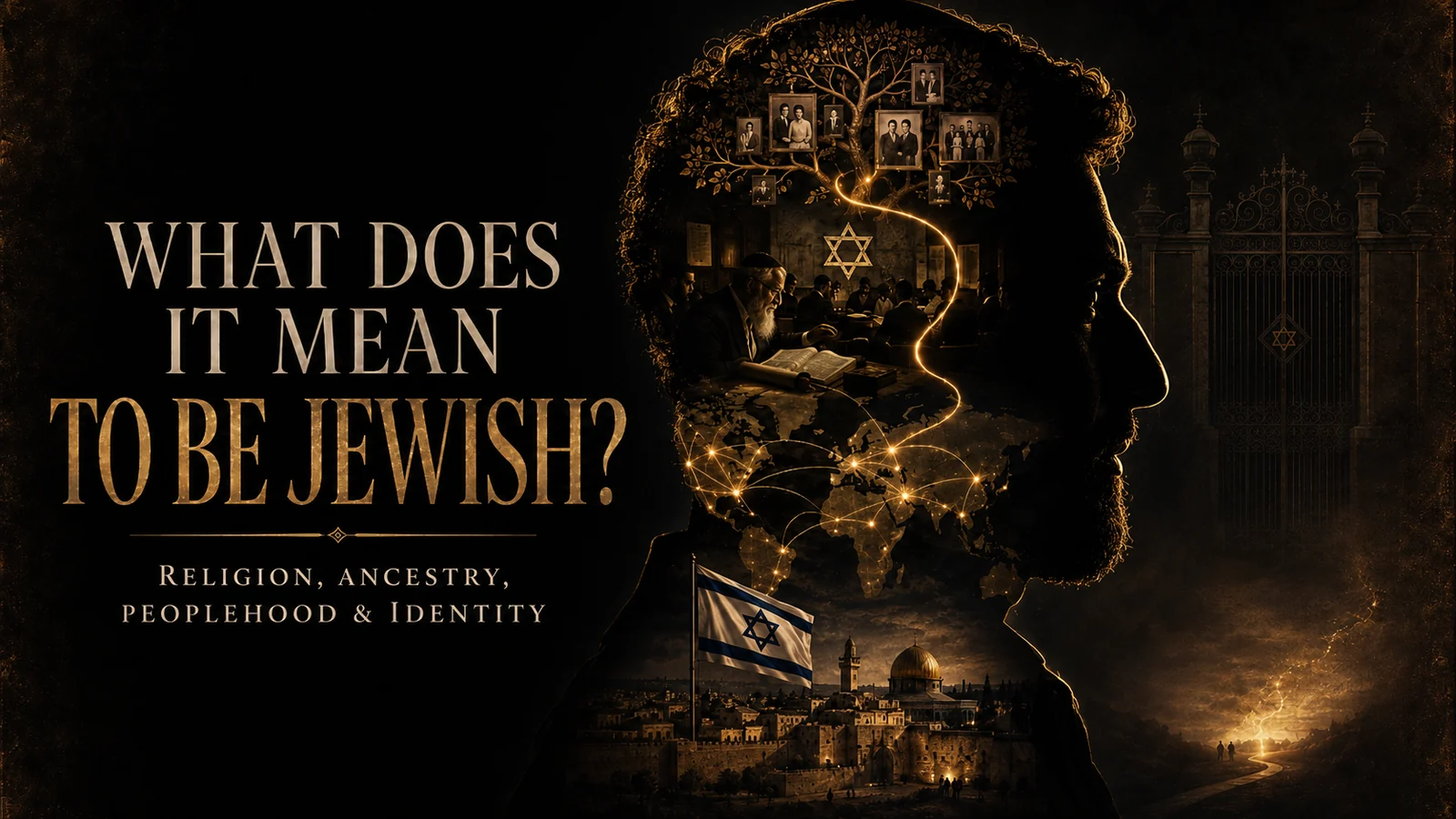 Shadowed profile of a Jewish man layered with family ancestry, rabbinic study, worldwide Jewish communities, Jerusalem, and the Israeli flag.