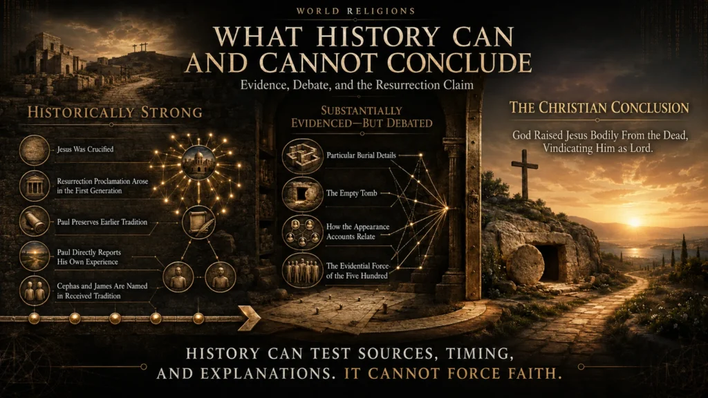 Infographic distinguishing historically strong evidence, debated resurrection details, and the Christian conclusion that God bodily raised Jesus from the dead.