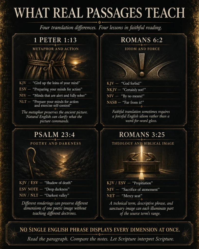 Four-panel Bible translation infographic comparing 1 Peter 1:13, Romans 6:2, Psalm 23:4, and Romans 3:25 to explain metaphor, idiom, poetry, and theological language.