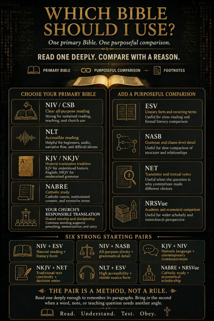 Bible-selection infographic recommending one primary translation for deep reading, one purposeful comparison Bible, footnotes, and six practical translation pairings.