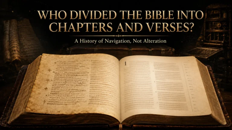 Open Bible transitioning from an ancient manuscript layout to modern chapter and verse numbering, illustrating the history of biblical reference systems.