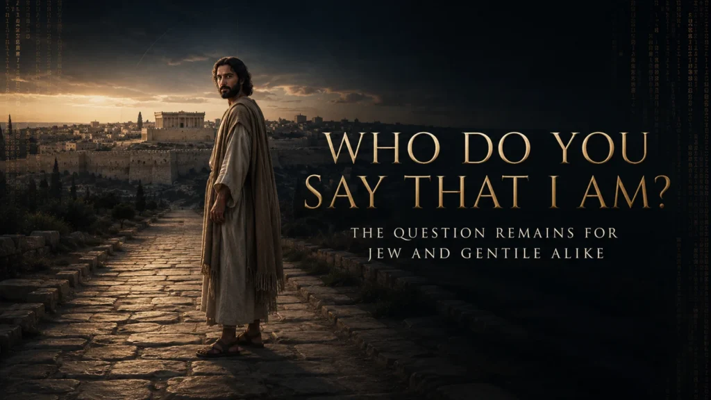 Jesus stands on an ancient road overlooking first-century Jerusalem beside the question, “Who do you say that I am?” and the statement that it remains for Jew and Gentile alike.