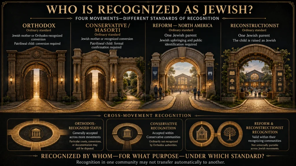 Infographic comparing Orthodox, Conservative or Masorti, Reform, and Reconstructionist standards for recognizing someone as Jewish.
