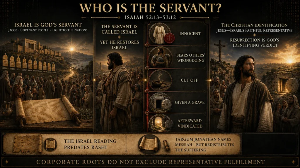 Infographic showing Israel as God’s servant, a representative servant who restores Israel and suffers for others, and the Christian identification of Jesus through resurrection.