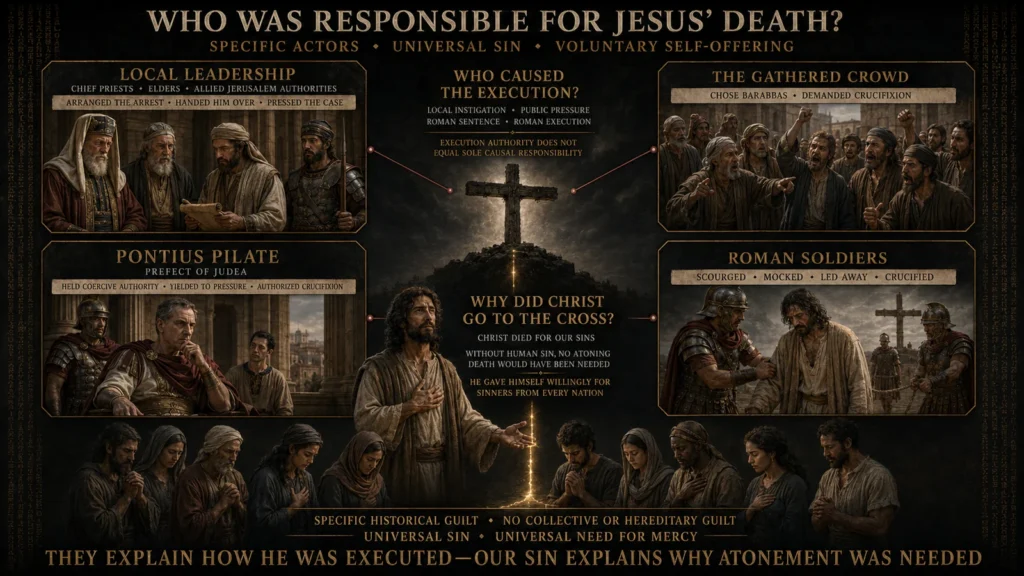 Infographic showing Jerusalem authorities, a gathered crowd, Pontius Pilate, and Roman soldiers as distinct actors in Jesus’ execution, while explaining that human sin made atonement necessary and Christ willingly died for sinners.