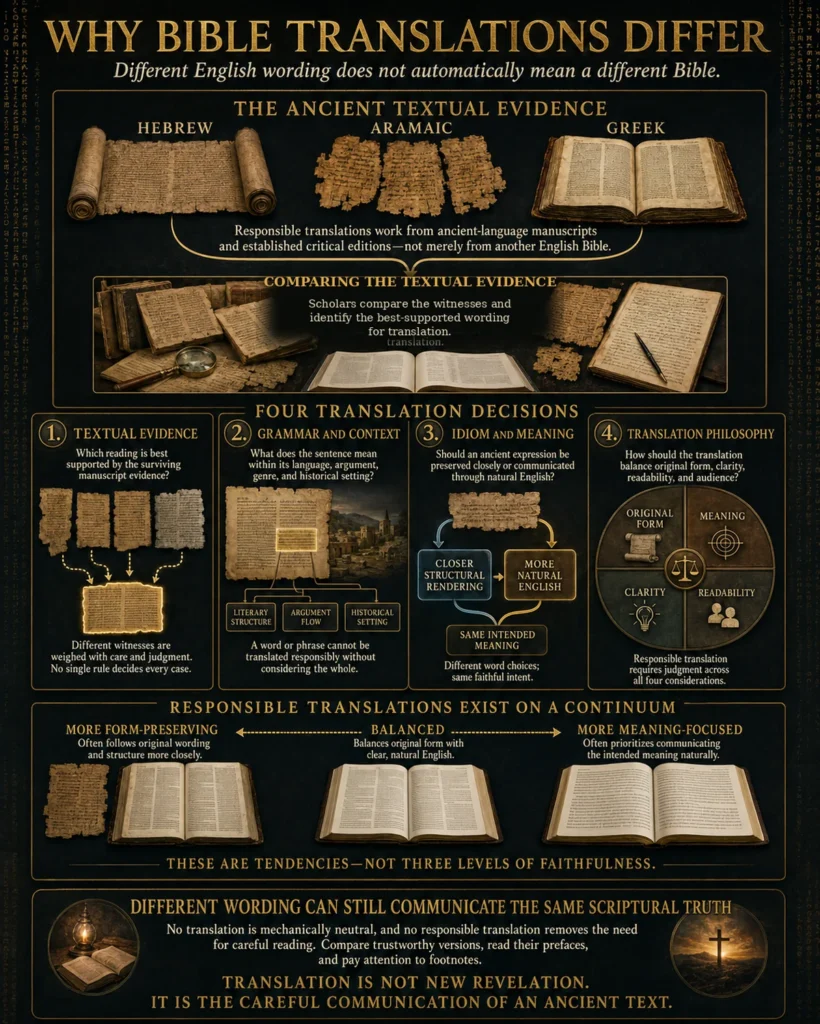 Infographic explaining how Hebrew, Aramaic, and Greek textual evidence becomes responsible English Bible translations through textual analysis, grammar, context, idiom, and translation philosophy.