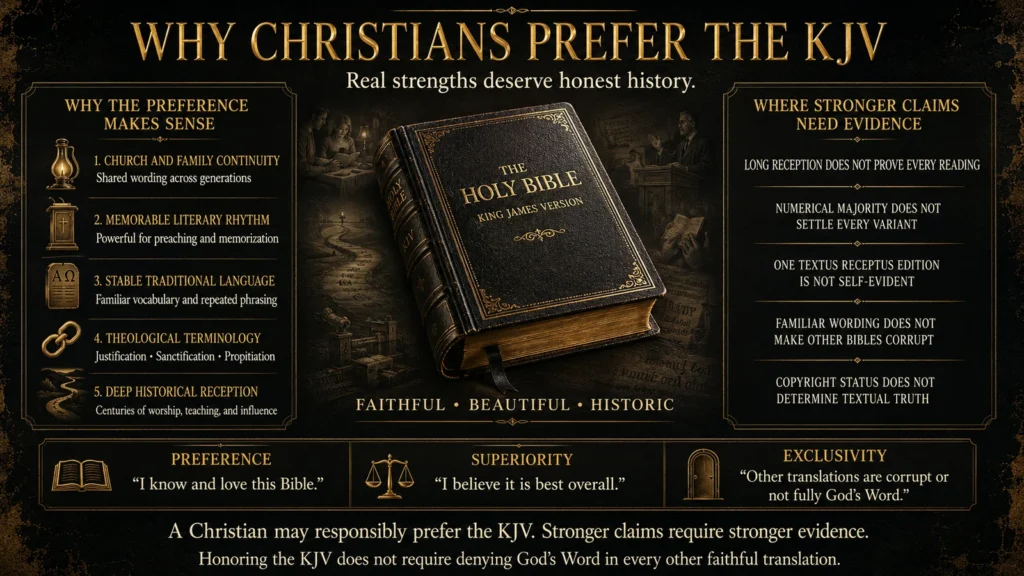 Infographic explaining the literary, historical, theological, and pastoral reasons Christians prefer the KJV while distinguishing preference, superiority, and KJV-only exclusivity.