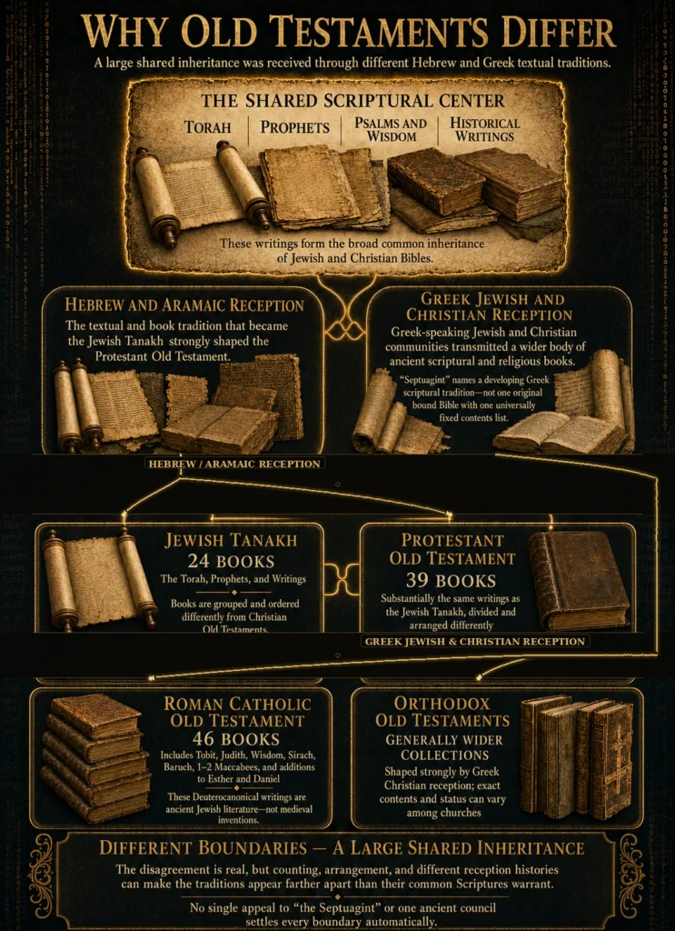 Infographic explaining why Jewish, Protestant, Catholic, and Orthodox Old Testaments contain different numbers of books while sharing a large scriptural inheritance.