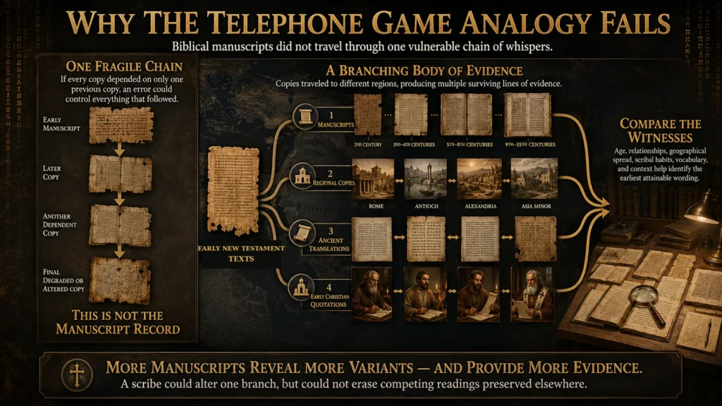 Infographic comparing one fragile copying chain with the branching manuscript evidence used to evaluate the earliest attainable wording of the Bible.