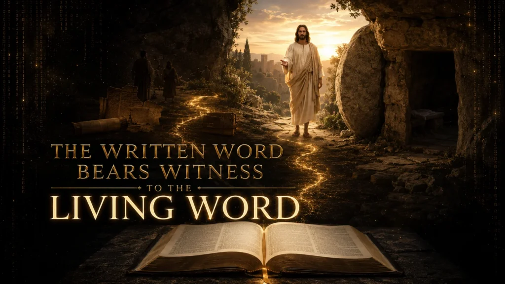 Open Bible and ancient manuscripts leading toward the empty tomb and the risen Jesus, illustrating that Scripture bears witness to the living Christ.