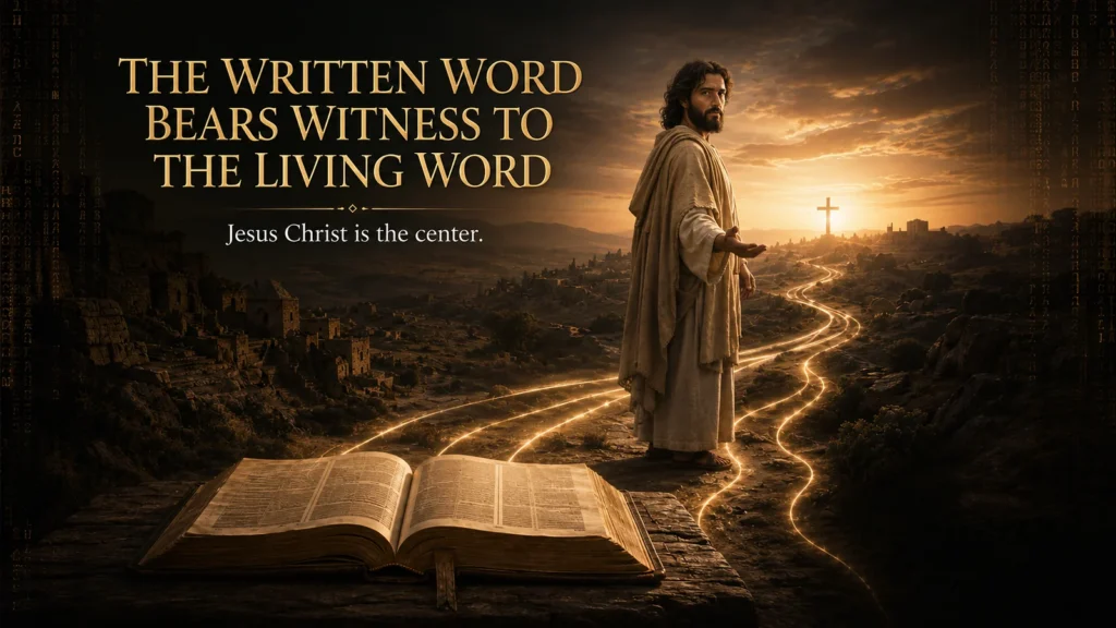 Jesus stands in a first-century Judean landscape as illuminated paths lead from an open Bible toward Him and a distant cross, showing that Scripture bears witness to Christ.