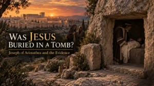 Joseph of Arimathea placing the shrouded body of Jesus inside a rock-cut tomb near first-century Jerusalem.
