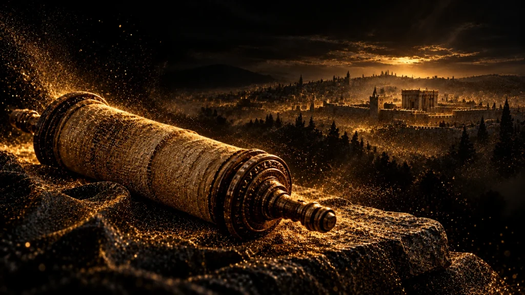A closed parchment scroll formed from fine gold particles, with a dark ancient Jerusalem silhouette behind it.