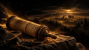 A closed parchment scroll formed from fine gold particles, with a dark ancient Jerusalem silhouette behind it.