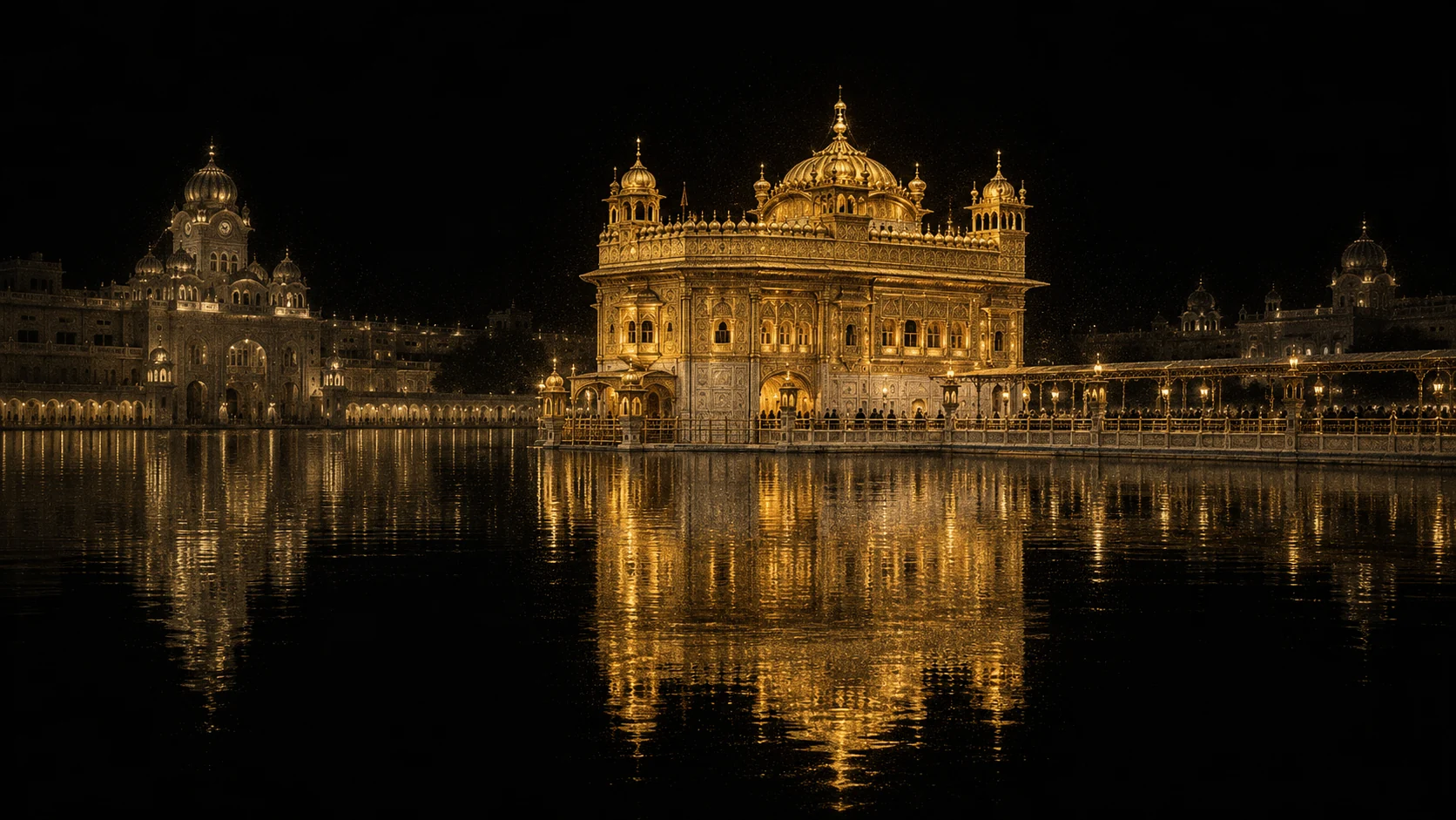 Gold-particle artwork of Harmandir Sahib in Amritsar, with its domed sanctuary, causeway and reflection in the surrounding pool.