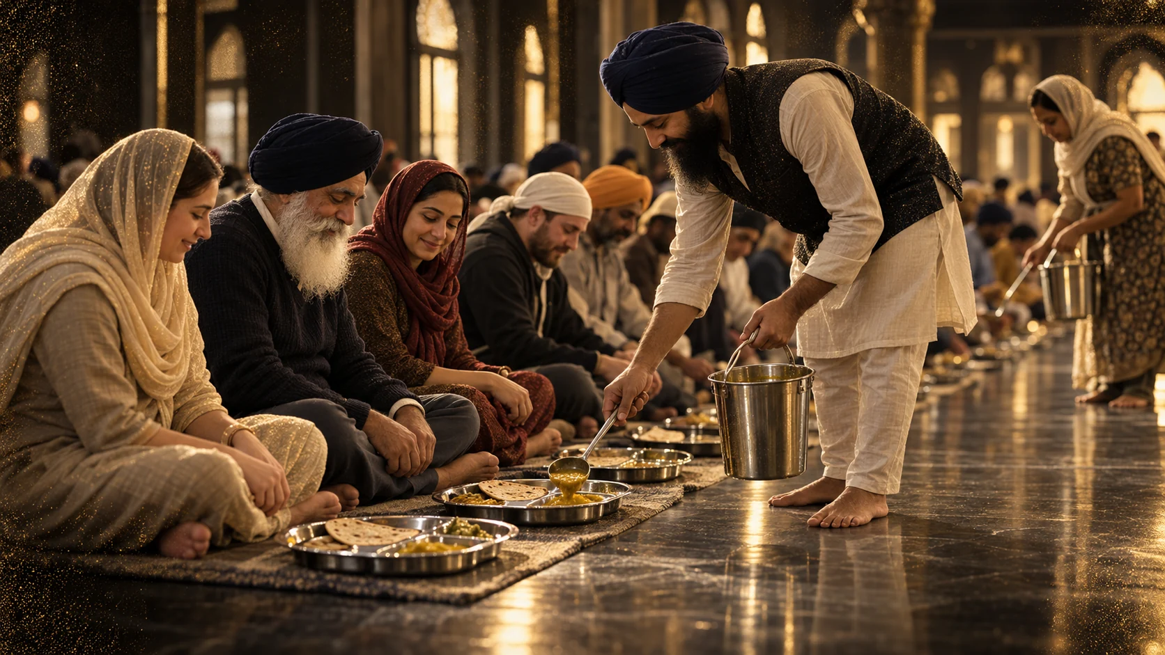 A turbaned volunteer serves dal to diners with covered heads seated together on floor mats in a gurdwara langar hall.